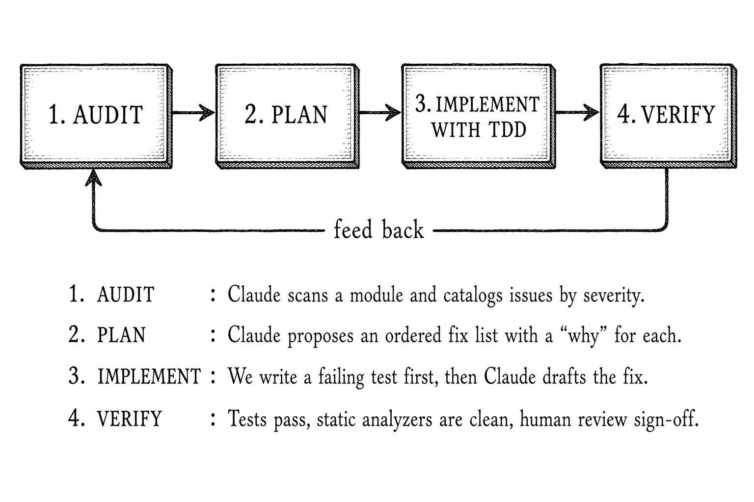 Four-phase working loop: audit, plan, implement with TDD, verify, feeding back to audit
